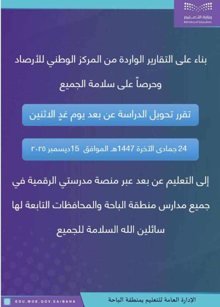 بينها الشرقية والعاصمة.. تعليق الدراسة الحضورية غدًا في عدد من المناطق – 25H