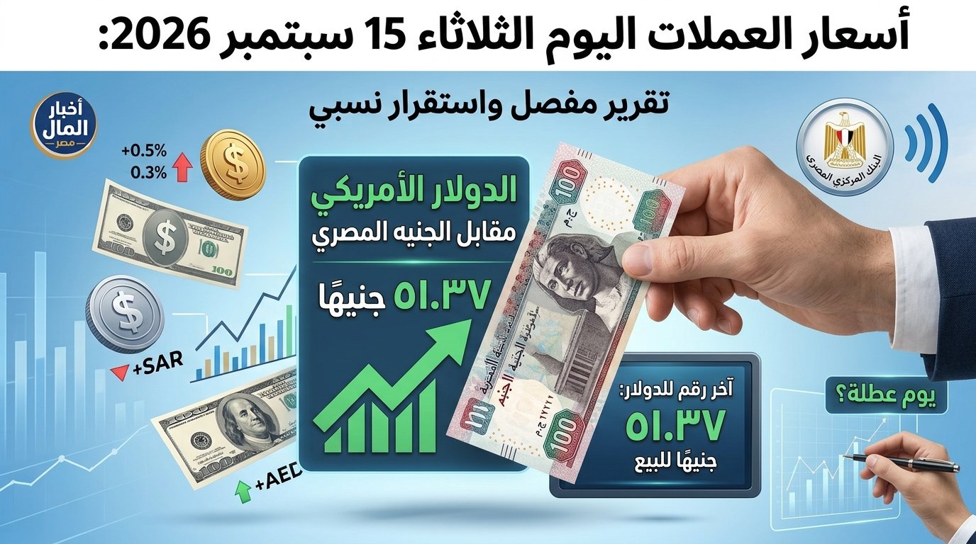 أسعار العملات اليوم الثلاثاء 15 سبتمبر 2026: 51.37 جنيهًا للدولار