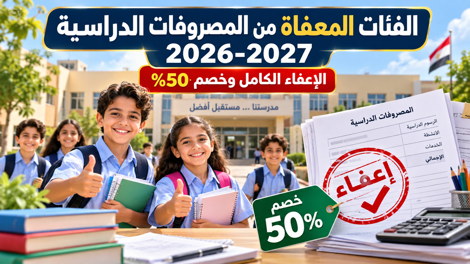 الفئات المعفاة من المصروفات الدراسية 2026-2027.. الإعفاء الكامل وخصم 50% لأبناء العاملين بالتعليم
