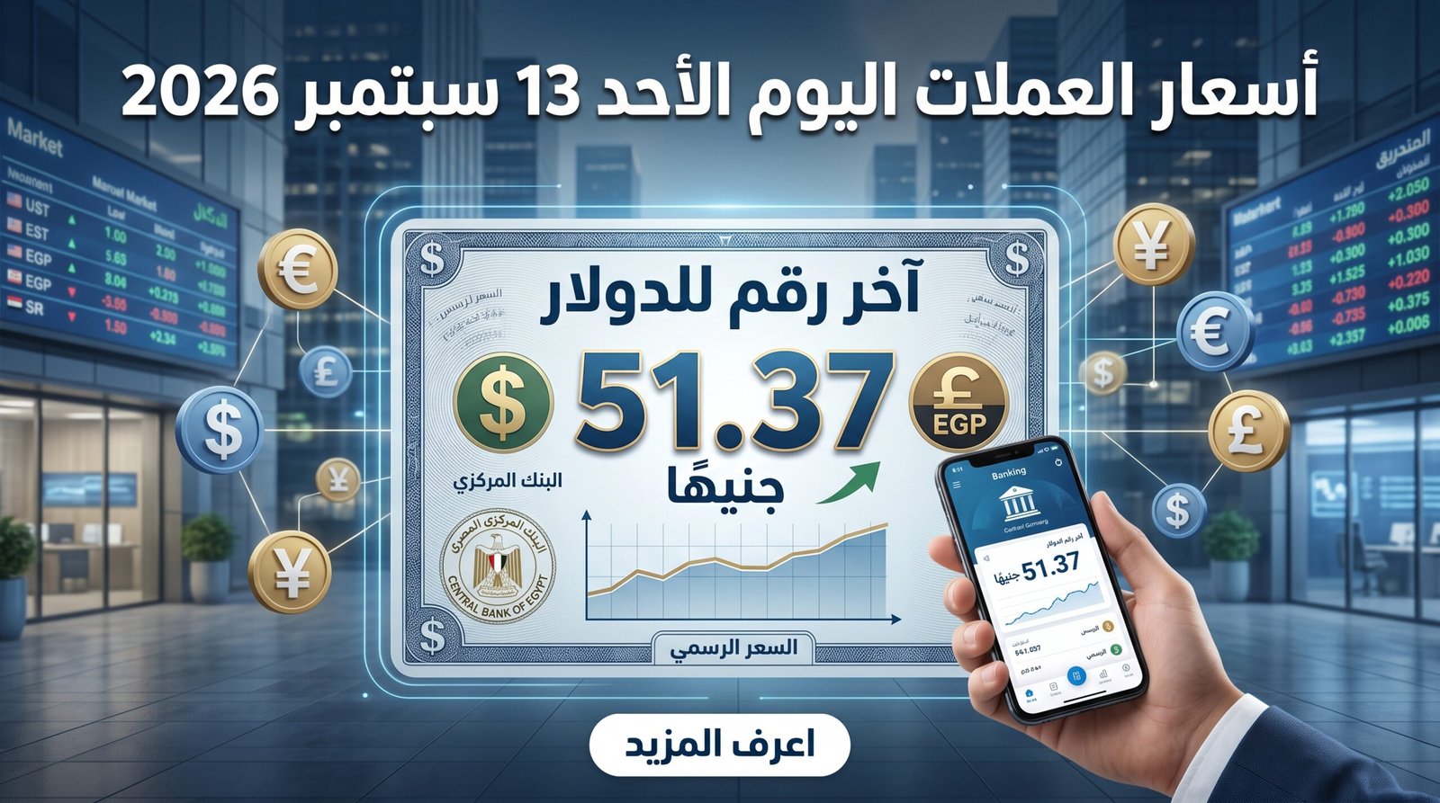 أسعار العملات اليوم الأحد 13 سبتمبر 2026: آخر رقم للدولار 51.37 جنيهًا
