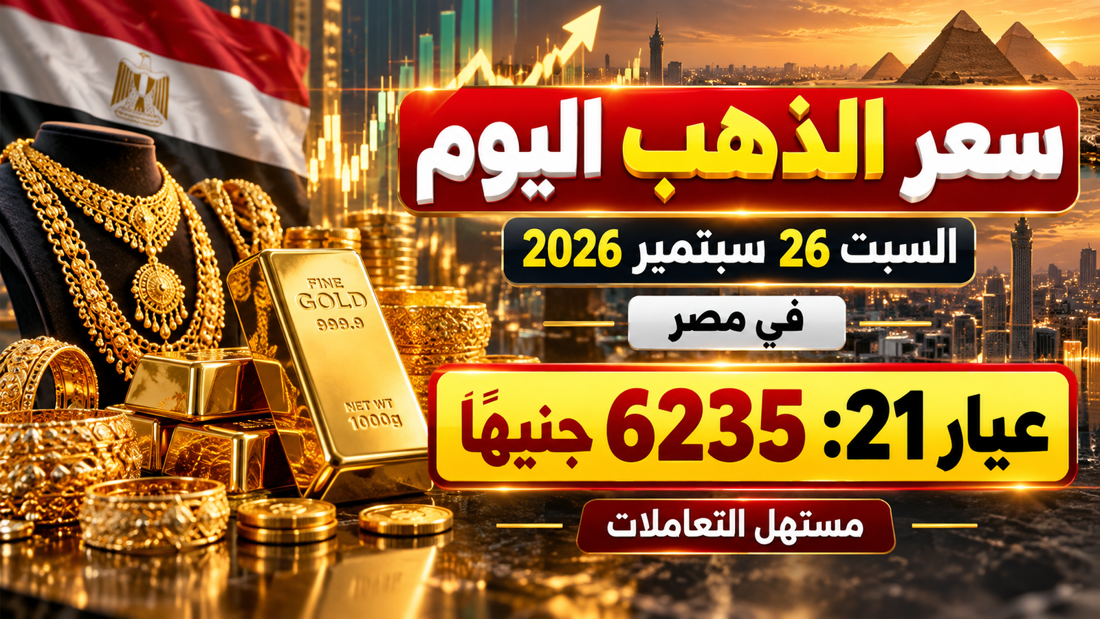 سعر الذهب اليوم السبت 26 سبتمبر 2026 في مصر.. عيار 21 عند 6235 جنيهًا في مستهل التعاملات