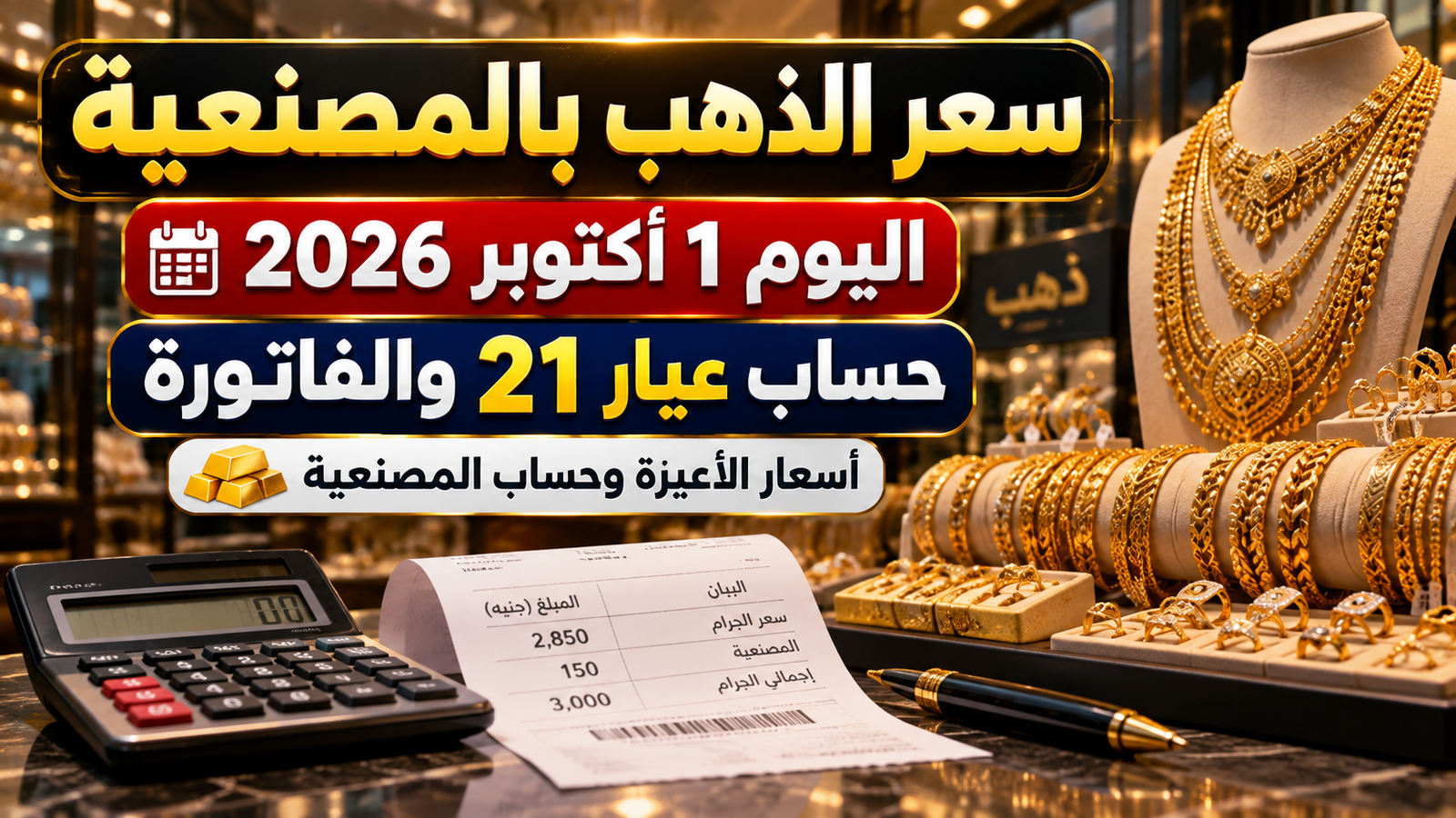 سعر الذهب بالمصنعية اليوم 1 أكتوبر 2026.. حساب عيار 21 والفرق بين سعر الجرام والفاتورة
