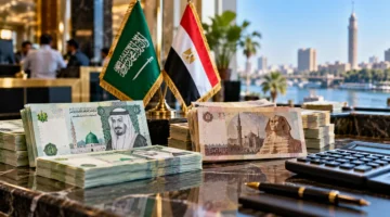 عملات سعودية ومصرية على مكتب مصرفي – صورة تعبيرية عن سعر الريال السعودي