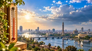 مشهد جوي للقاهرة والنيل ومقياس حرارة – صورة تعبيرية عن حالة الطقس