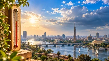 مشهد جوي للقاهرة والنيل ومقياس حرارة – صورة تعبيرية عن حالة الطقس