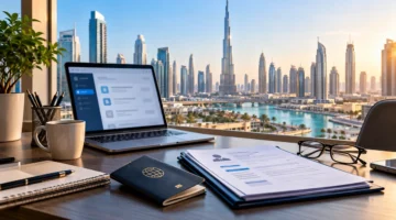 جواز سفر وسيرة ذاتية أمام حاسوب مع أفق دبي – صورة تعبيرية عن تأشيرة البحث عن عمل بالإمارات