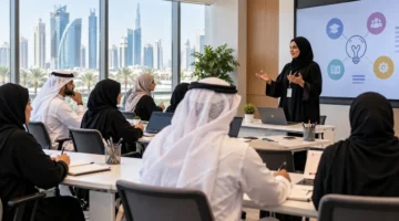 ورشة تدريب مهني لمعلمي المدارس في قاعة حديثة – صورة تعبيرية عن اتفاق تدريب المعلمين في قطر