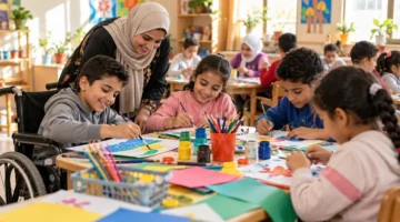 أطفال يمارسون الرسم بإشراف معلمة في فصل دامج – صورة تعبيرية عن مبادرة أنا موهوب في الشرقية