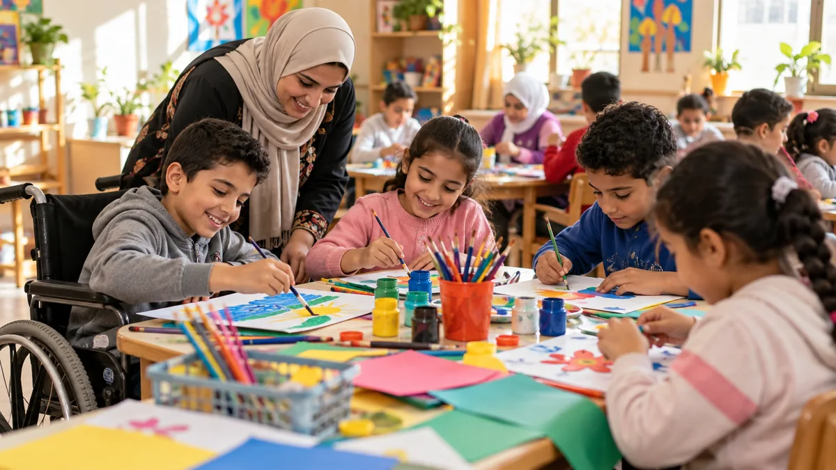 أطفال يمارسون الرسم بإشراف معلمة في فصل دامج – صورة تعبيرية عن مبادرة أنا موهوب في الشرقية