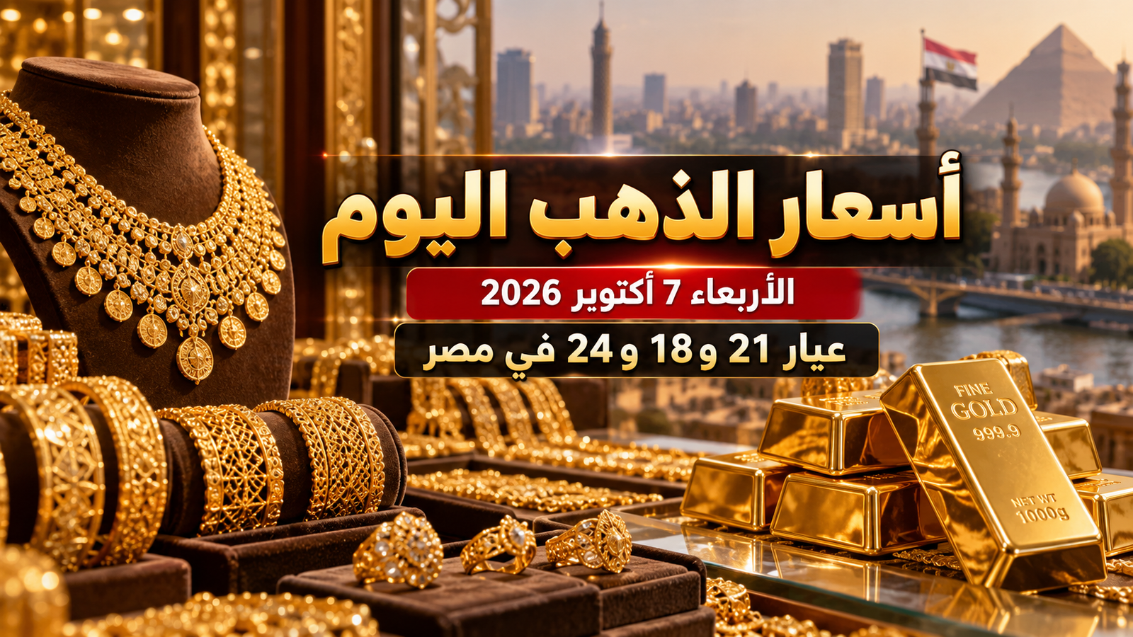 سعر الذهب اليوم الأربعاء 7 أكتوبر 2026 في مصر.. عيار 21 يسجل 6155 جنيهًا