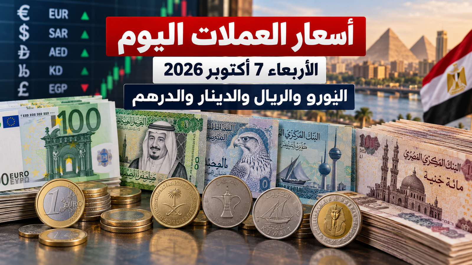 أسعار العملات اليوم الأربعاء 7 أكتوبر 2026 في مصر.. اليورو والريال والدينار والدرهم