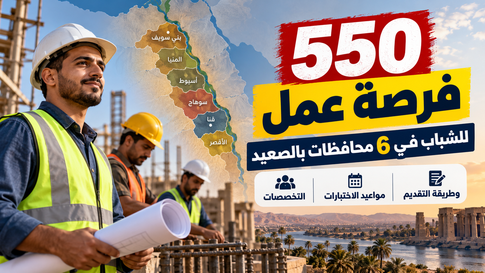 550 فرصة عمل لشباب الصعيد 2026.. مواعيد الاختبارات والتخصصات في 6 محافظات