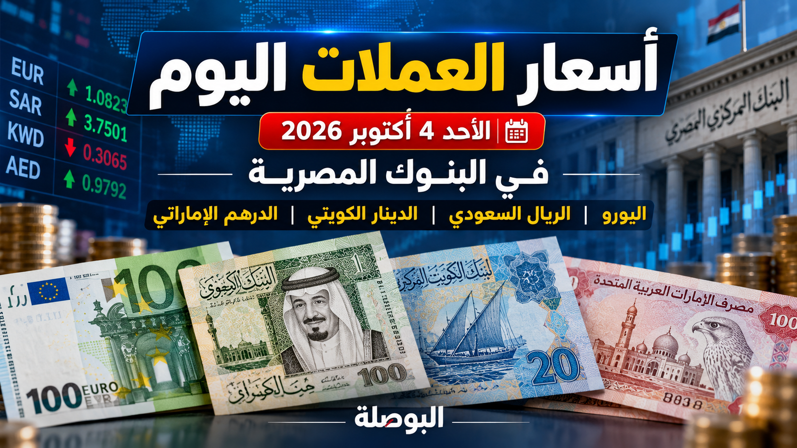 أسعار العملات اليوم الأحد 4 أكتوبر 2026 في مصر.. اليورو والريال والدينار والدرهم