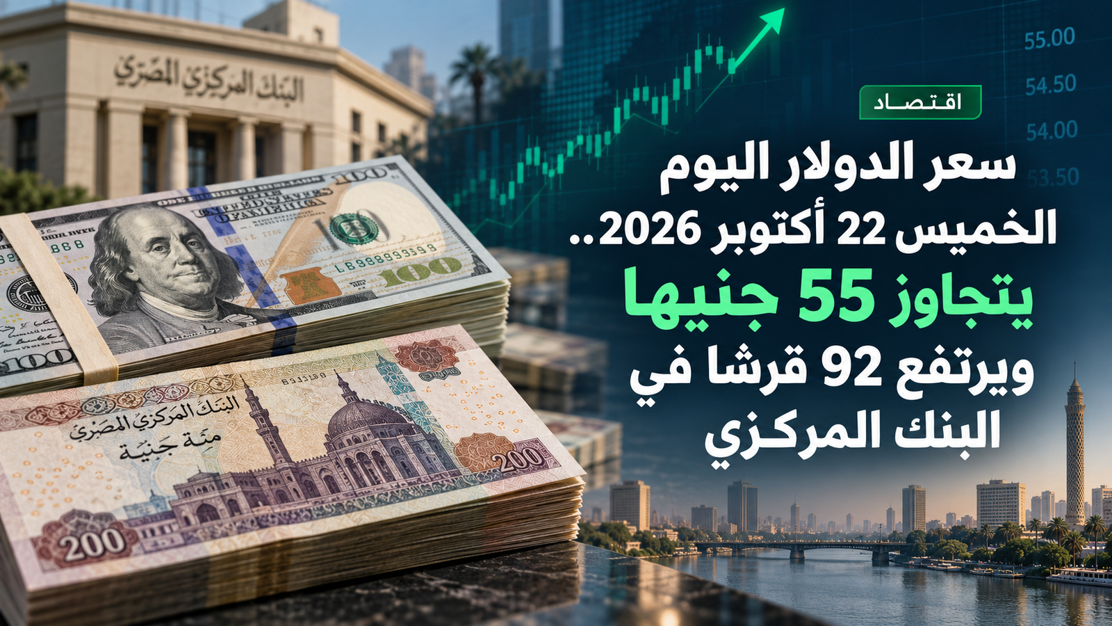 سعر الدولار اليوم الخميس 22 أكتوبر 2026.. يتجاوز 55 جنيها ويرتفع 92 قرشا في البنك المركزي