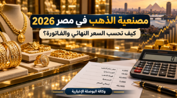 مشغولات ذهبية وآلة حاسبة وفاتورة توضيحية لشرح حساب مصنعية الذهب في مصر