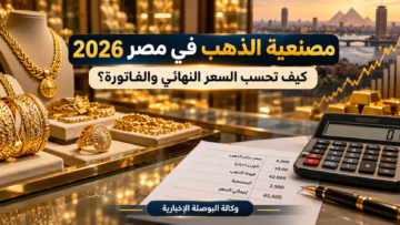 مشغولات ذهبية وآلة حاسبة وفاتورة توضيحية لشرح حساب مصنعية الذهب في مصر