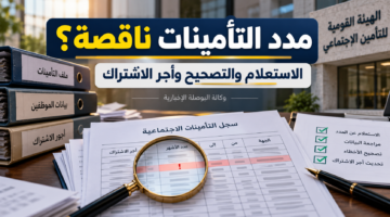 ملفات التأمين الاجتماعي وسجل مدد الاشتراك مع عدسة مكبرة توضح خطأ محتملًا