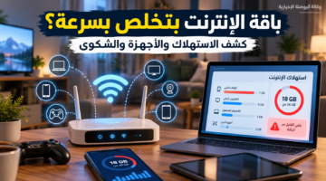 راوتر إنترنت منزلي وأجهزة متصلة وشاشة تعرض استهلاك باقة الإنترنت