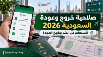 جواز سفر وتأشيرة خروج وعودة وهاتف يعرض نموذجًا توضيحيًا للاستعلام