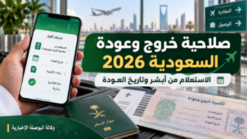 جواز سفر وتأشيرة خروج وعودة وهاتف يعرض نموذجًا توضيحيًا للاستعلام