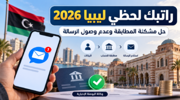 هاتف مع رسالة ومفهوم مطابقة الحساب المصرفي في خدمة راتبك لحظي ليبيا