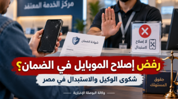 عميل يعرض هاتفًا معطلًا وشهادة ضمان في مركز صيانة يرفض الإصلاح