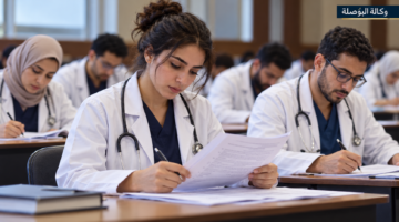 طلاب طب يؤدون امتحانًا تحريريًا ضمن صورة توضيحية لامتحانات البورد المصري