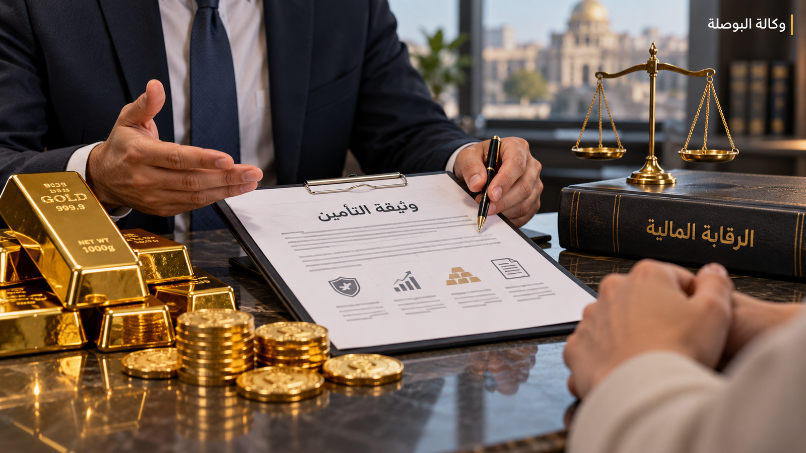 ذهب ووثيقة تأمين في صورة توضيحية للإفصاح عن المنتجات التأمينية المرتبطة بالذهب
