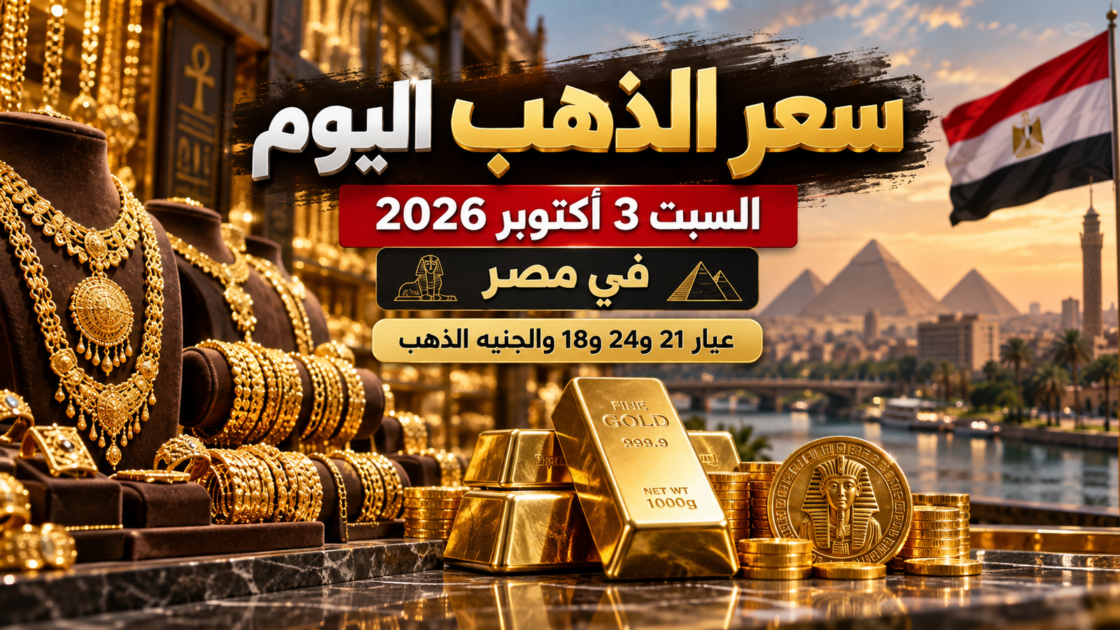سعر الذهب اليوم السبت 3 أكتوبر 2026 في مصر.. عيار 21 يسجل 6150 جنيهًا