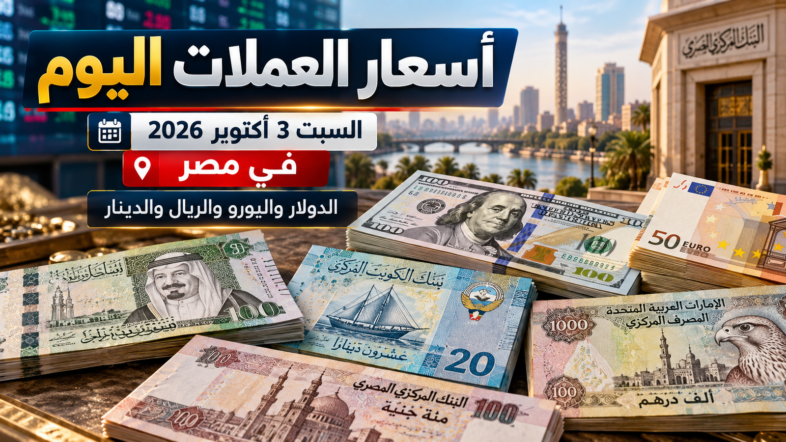 أسعار العملات اليوم السبت 3 أكتوبر 2026 في مصر.. الدولار واليورو والريال والدينار