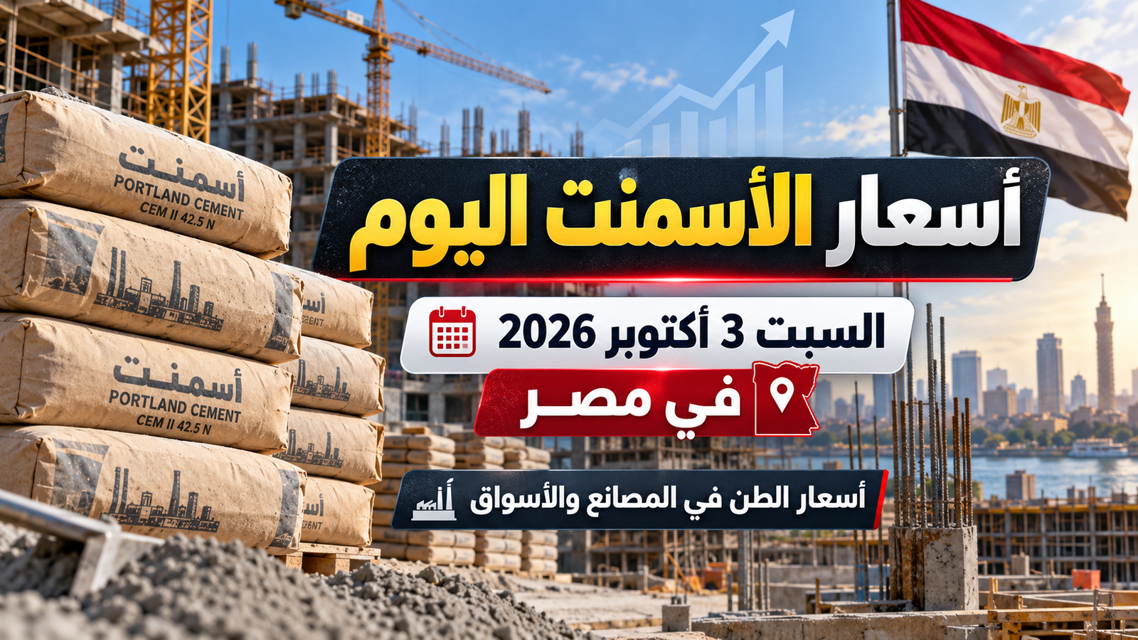 أسعار الأسمنت اليوم السبت 3 أكتوبر 2026 في مصر.. الرمادي يسجل 4080 جنيهًا