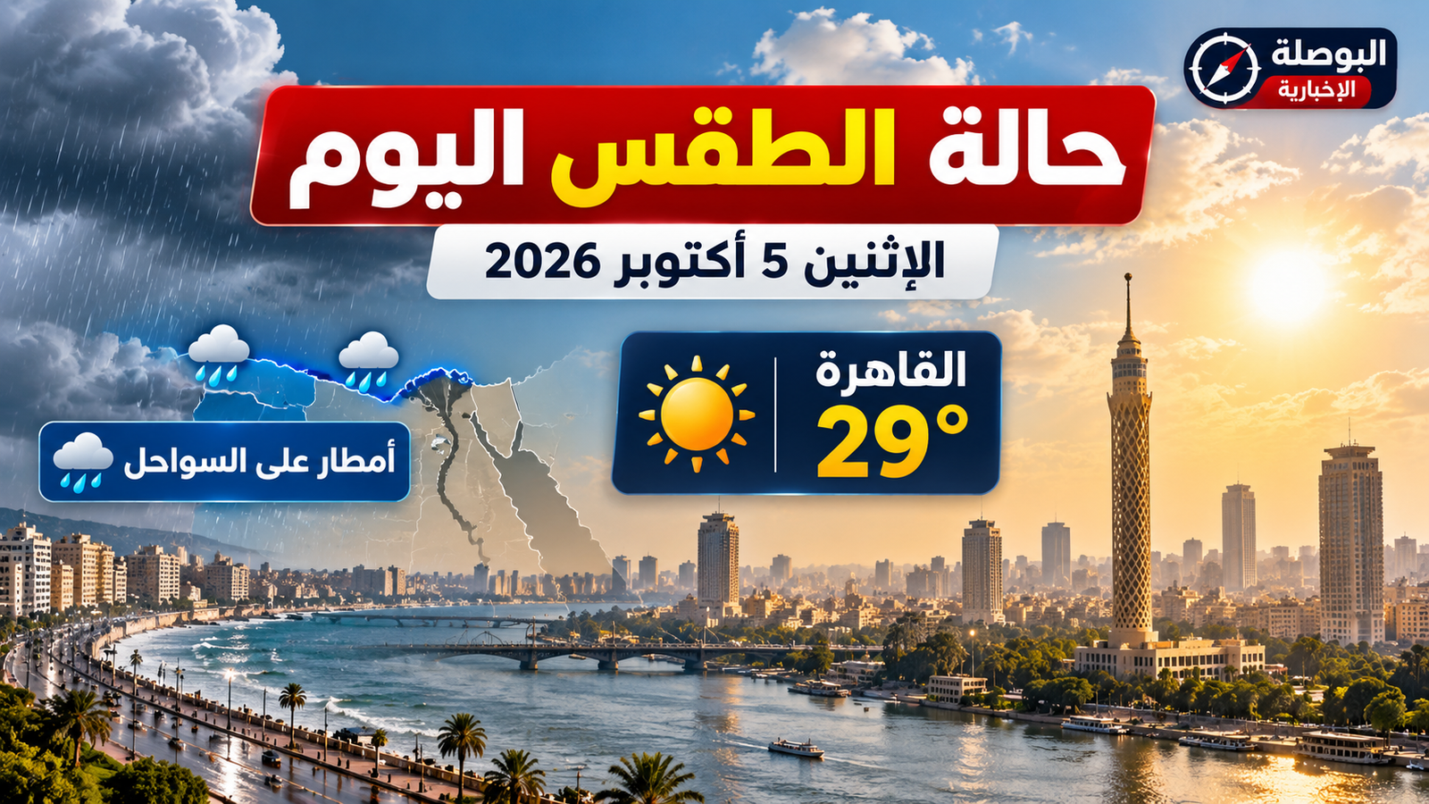 حالة الطقس اليوم الاثنين 5 أكتوبر 2026.. القاهرة 29 درجة وأمطار على السواحل