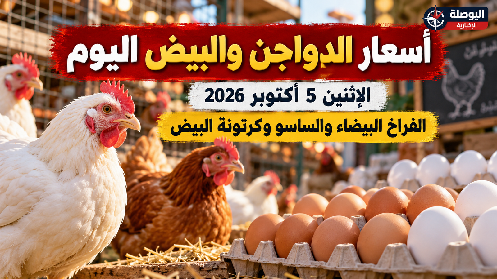 أسعار الدواجن والبيض اليوم الاثنين 5 أكتوبر 2026.. الفراخ البيضاء والساسو وكرتونة البيض