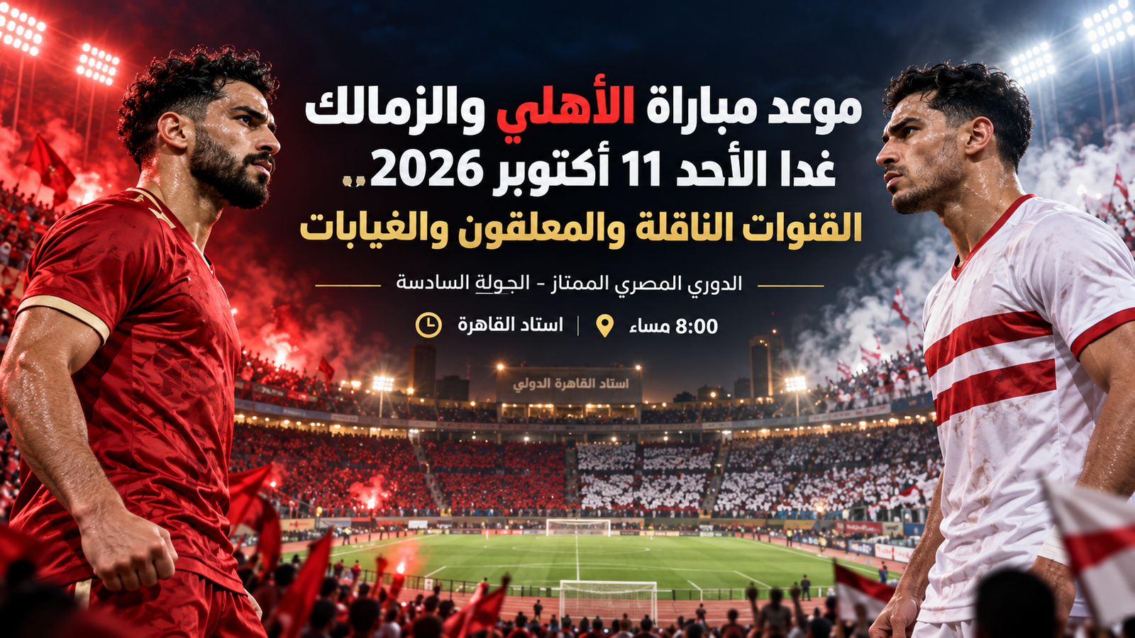 موعد مباراة الأهلي والزمالك غدا الأحد 11 أكتوبر 2026.. القنوات الناقلة والمعلقون والغيابات